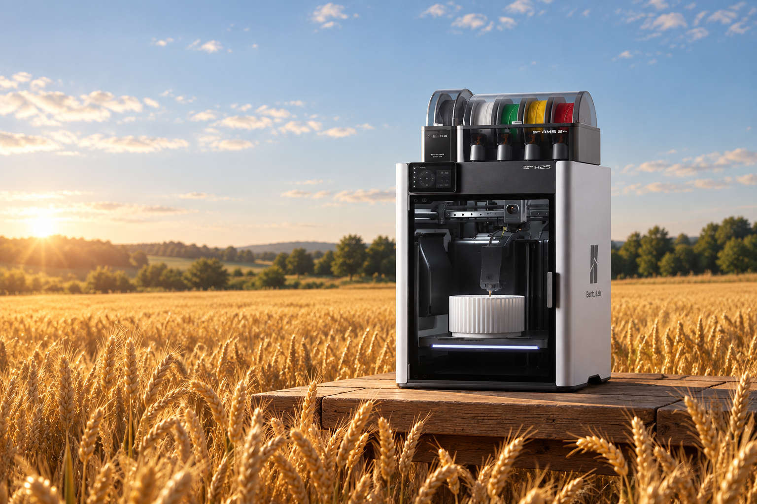Bambu Lab H2S with AMS printing in a wheat field